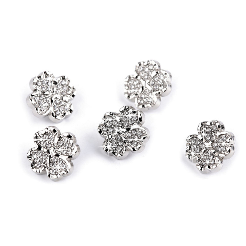 5 Boutons trèfles à quatre feuilles en métal avec strass 12 mm 