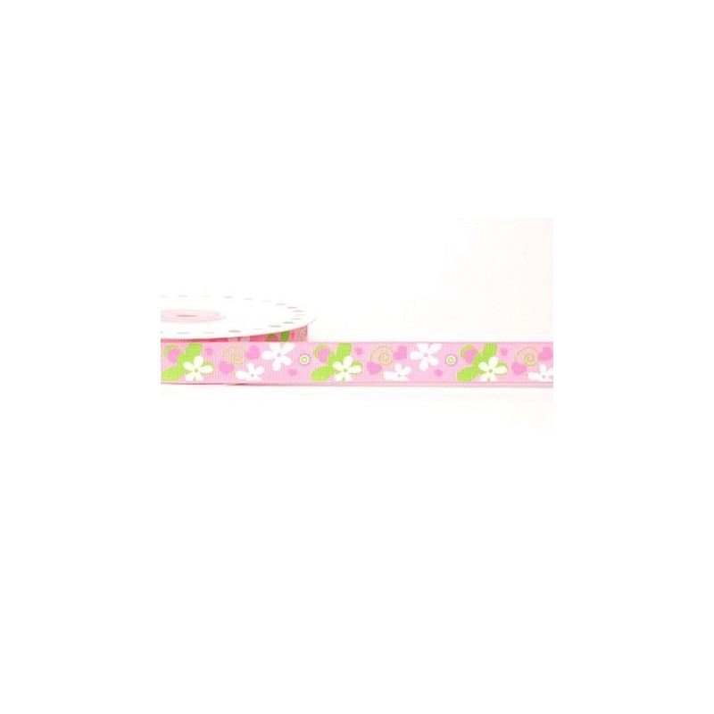 Ruban 16 mm polyester fleur rose et vert anis